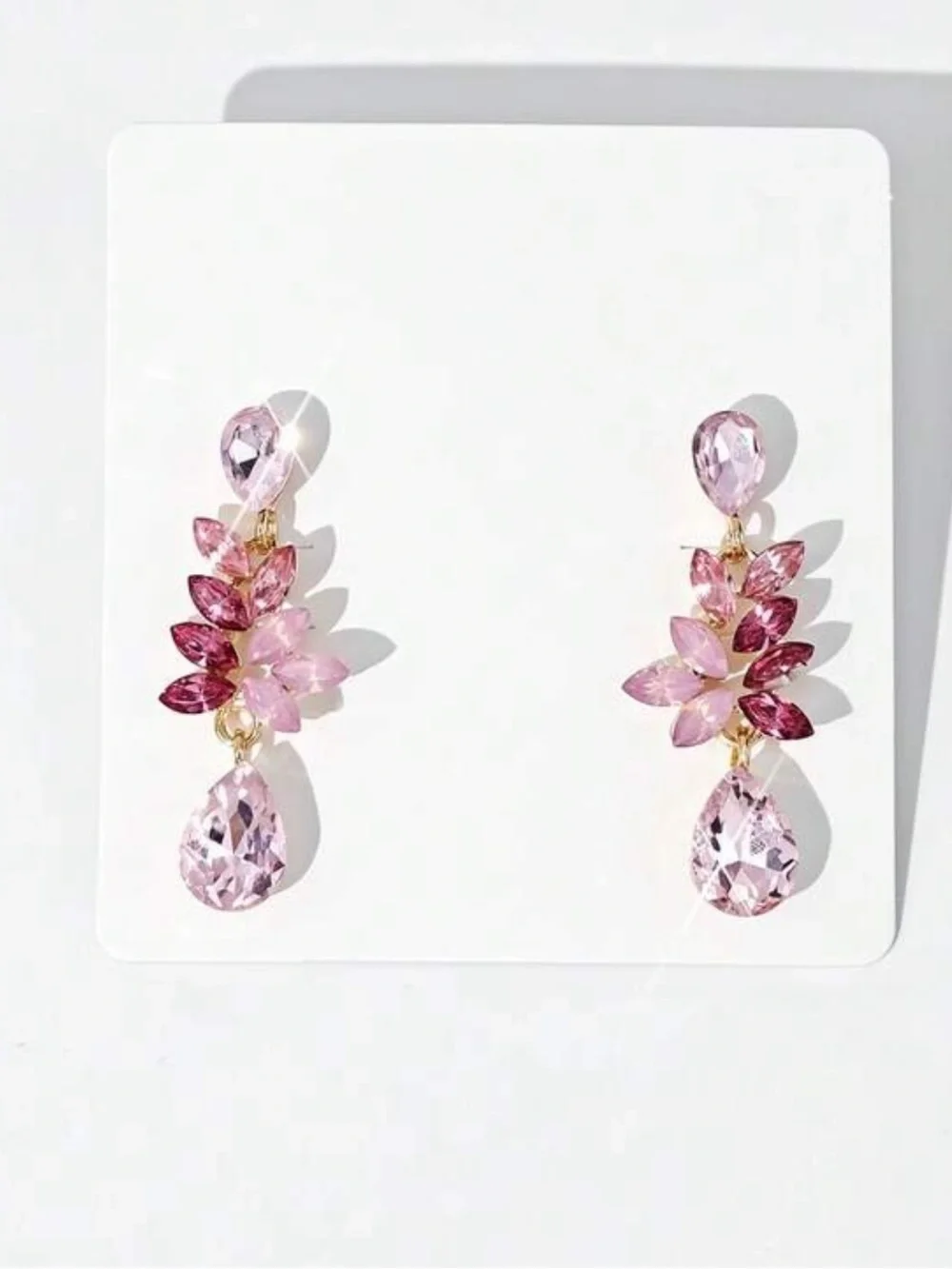 Elegant Pink Teardrop Crystal Leaf Earrings